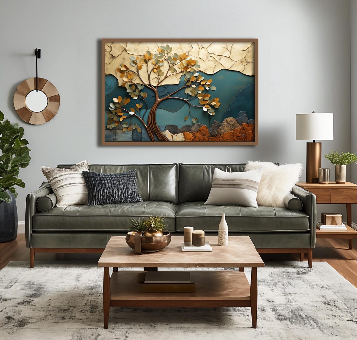 Copper Tree of Life Gold Leaves Teal Mountains Textured Art Poster - Image 4