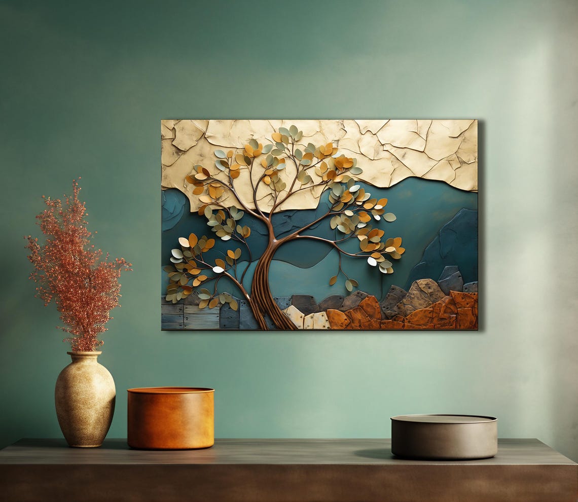 Copper Tree of Life Gold Leaves Teal Mountains Textured Art Poster - Image 2