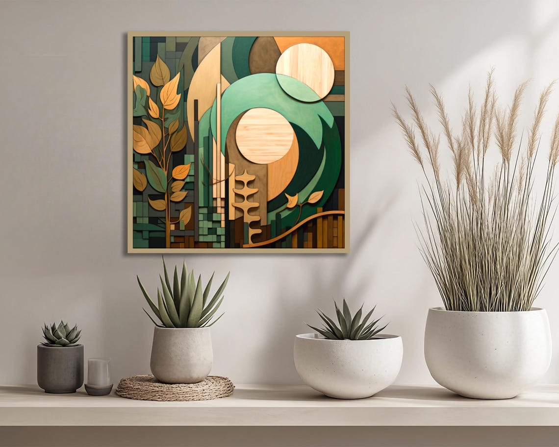 Geometric Botanical Arches Teal Green Gold Leaves Modern Art Poster - Image 3