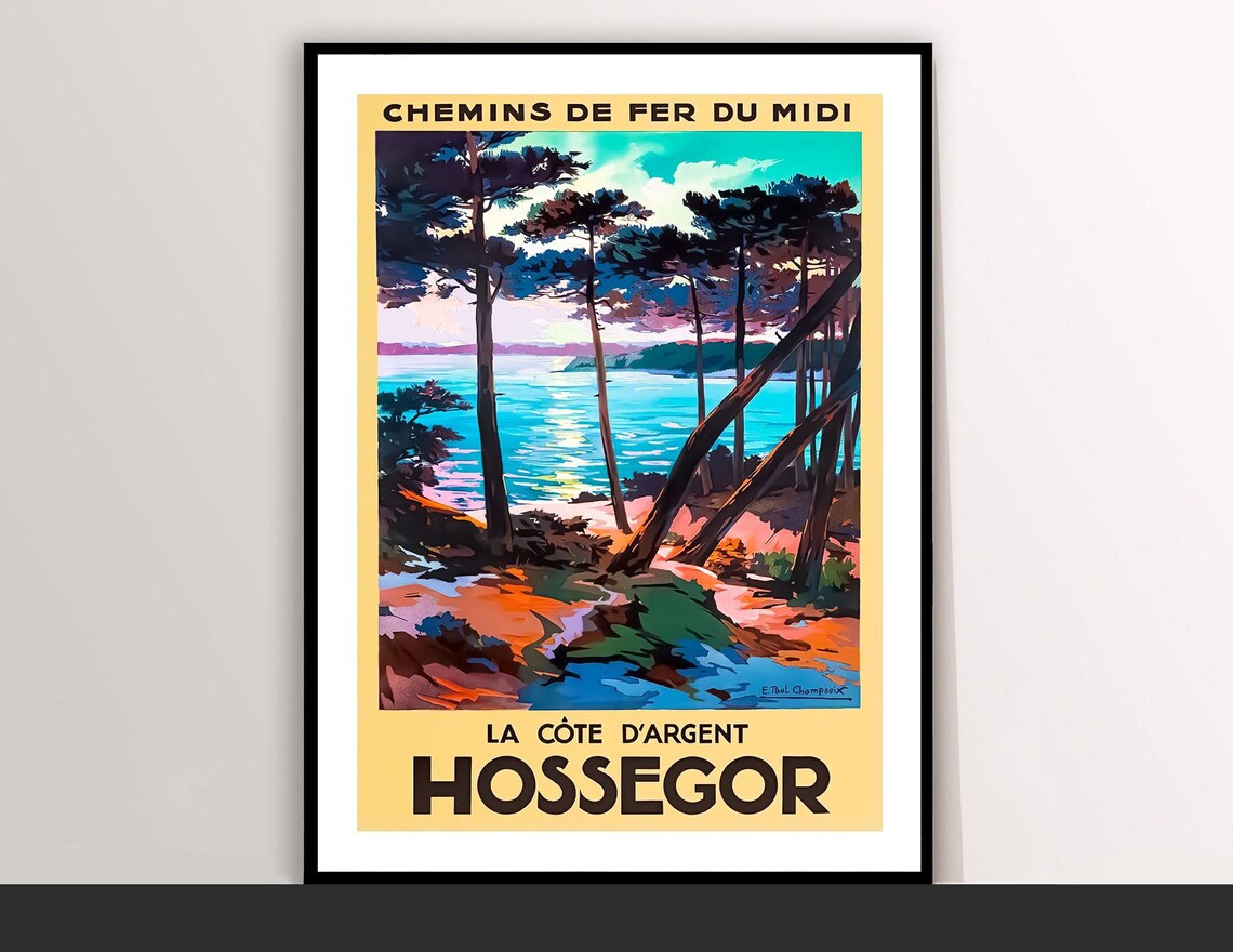 Hossegor Cote dArgent Vintage French Coast Travel Poster Pines