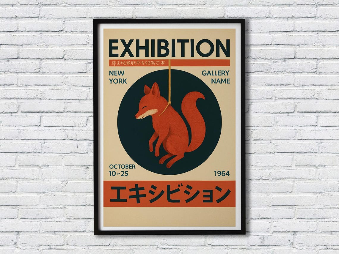1964 New York Gallery Exhibition Red Fox Hanging Illustration Poster