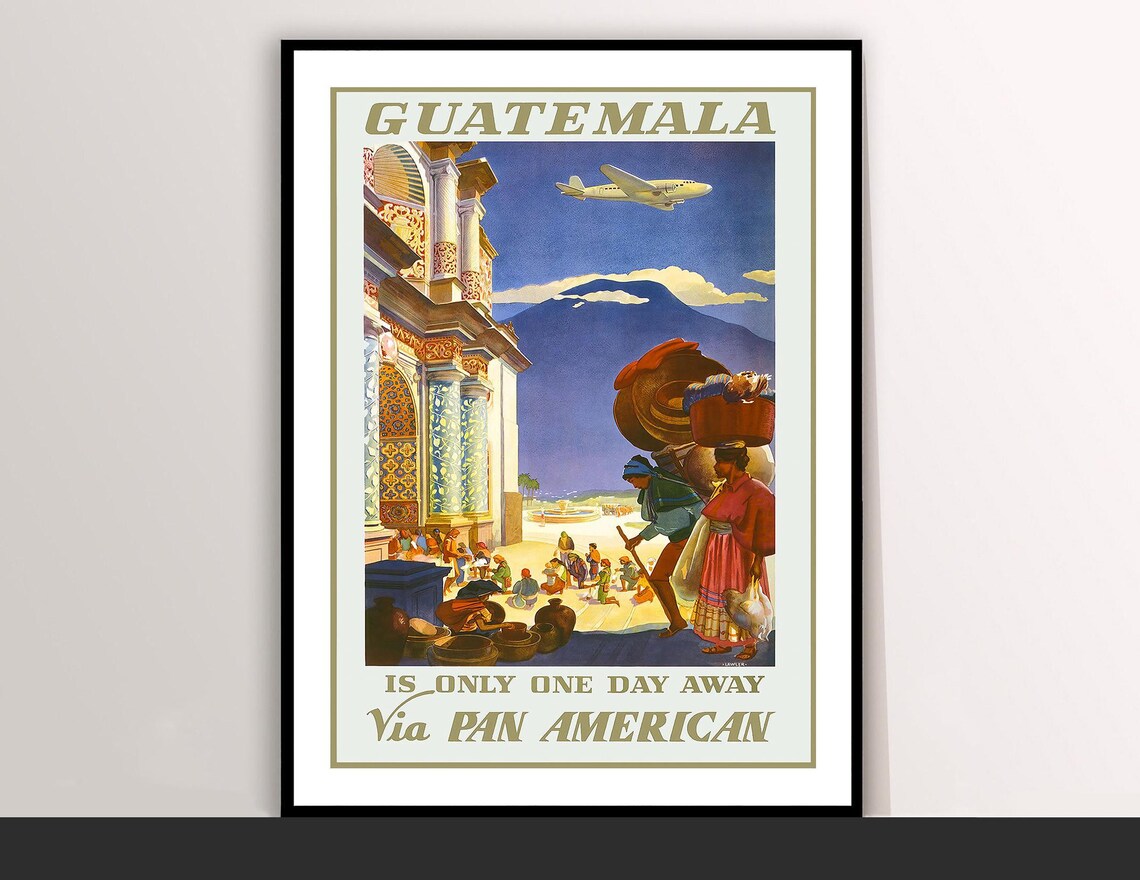 Guatemala Vintage Pan American Airline Travel Poster Volcano Art