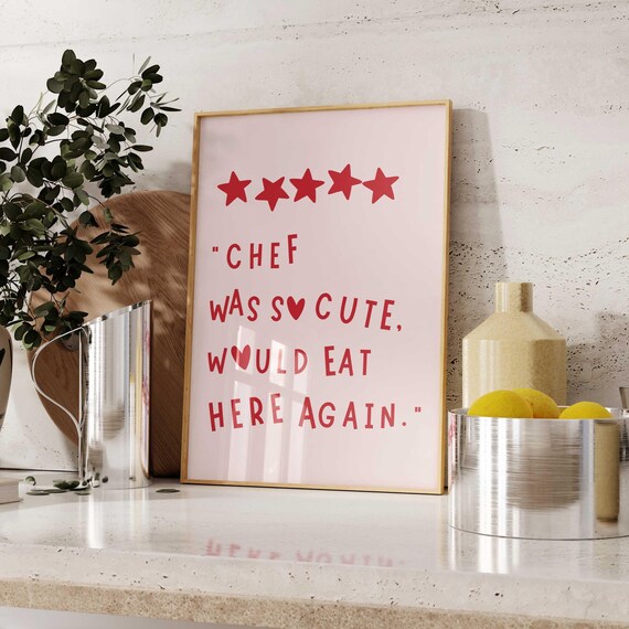 Aesthetic Kitchen Decor Cute Cooking Art Kitchen Wall Art Print Minimalist Heart Print Red Chef Art Print