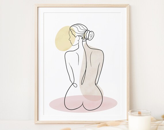 Seated Woman Back View One Line Art Blush Gold Shapes Poster