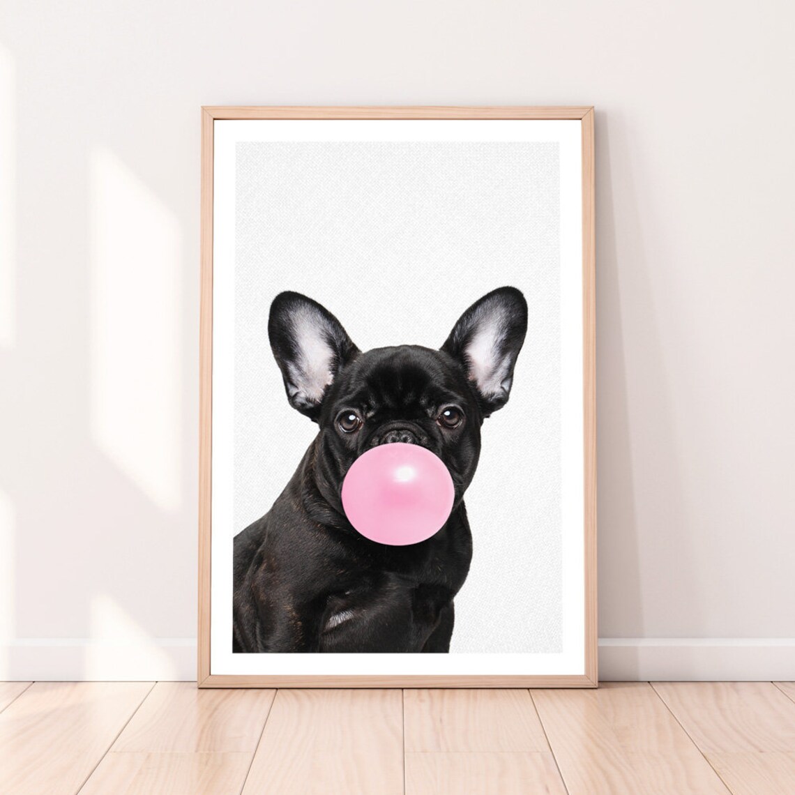 Black French Bulldog Blowing Pink Bubblegum Bubble Cute Dog Poster