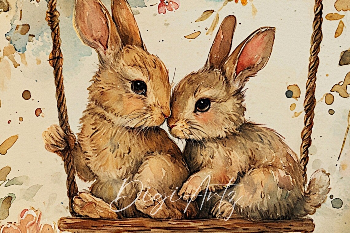 Two Baby Bunnies Cuddling on Swing Watercolor Rabbit Art Poster - Image 6