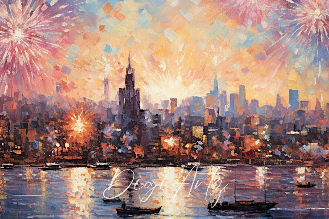 New Year Eve Fireworks Over City Skyline Celebration Painting Poster - Image 6