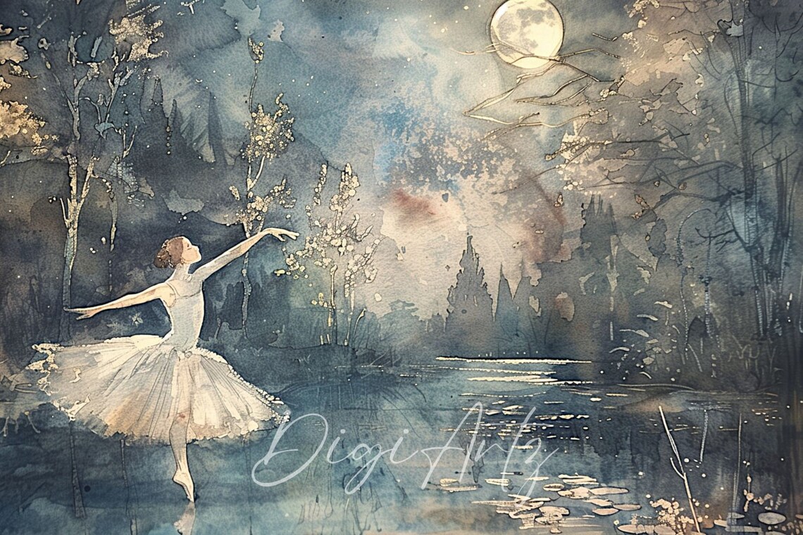 Ballerina Dancing On Moonlit Water Forest Fantasy Watercolor Poster - Image 5
