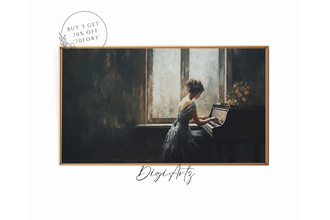 Woman Playing Piano By Sunlit Window Dark Moody Oil Painting Poster - Image 6
