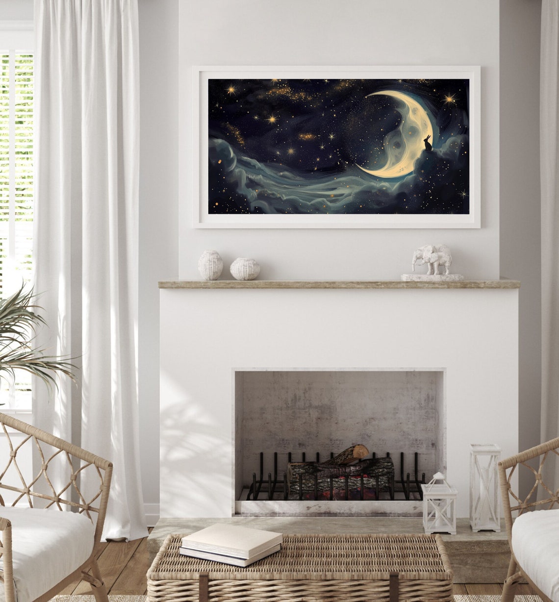Crescent Moon Bunny On Clouds Golden Starry Night Painting Poster - Image 2