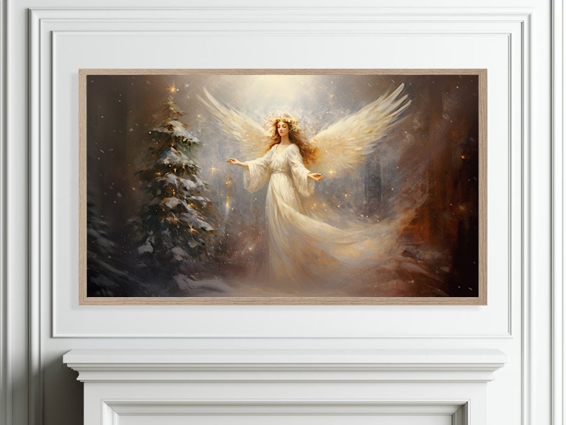 Frame Tv Portrait Art Christmas White Angel Oil Painting Rustic Fairy Winter Landscape Print Vintage Christmas Farmhouse Wall Decor - Image 4