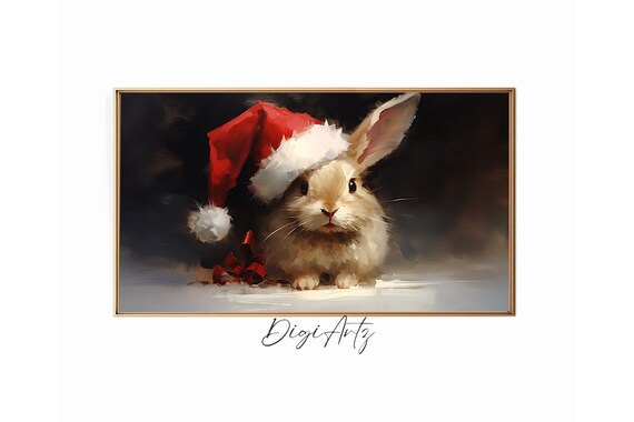 Frame Tv Art Vintage Christmas Wall Art Cute Christmas Bunny Painting Christmas Rabbit Holiday Decor Winter Rabbit Oil Painting