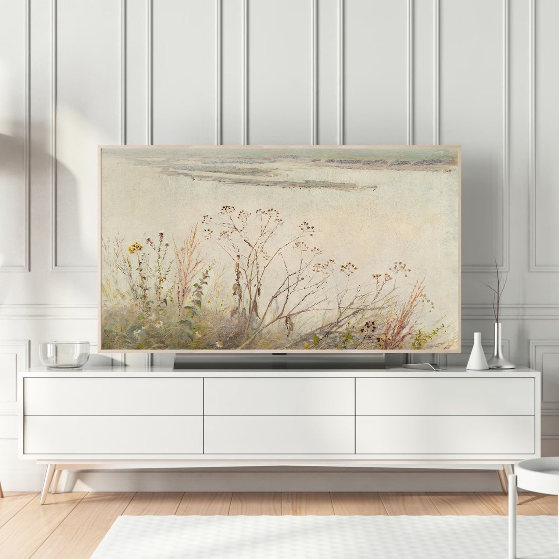 Wildflowers on Misty Lakeshore Neutral Vintage Landscape Poster - Image 4