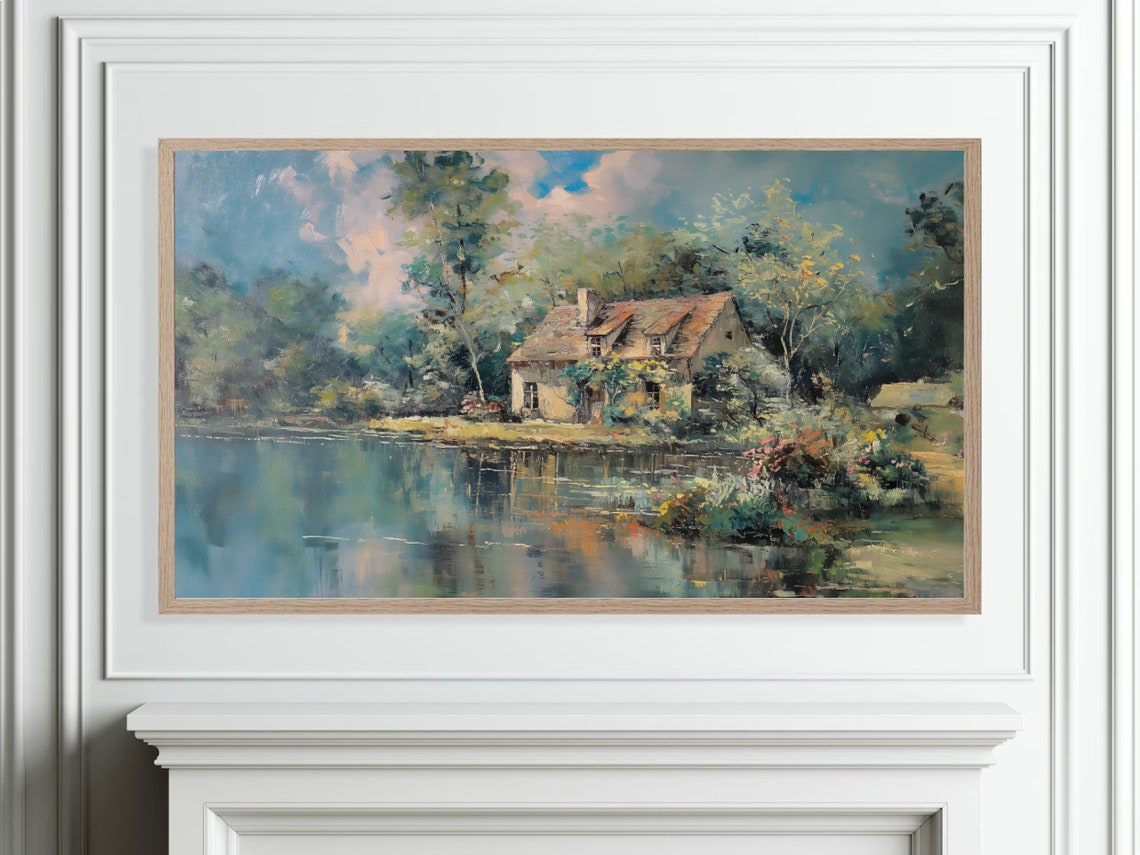 Lakeside Stone Cottage Impressionist Painting Vintage Landscape Poster - Image 4
