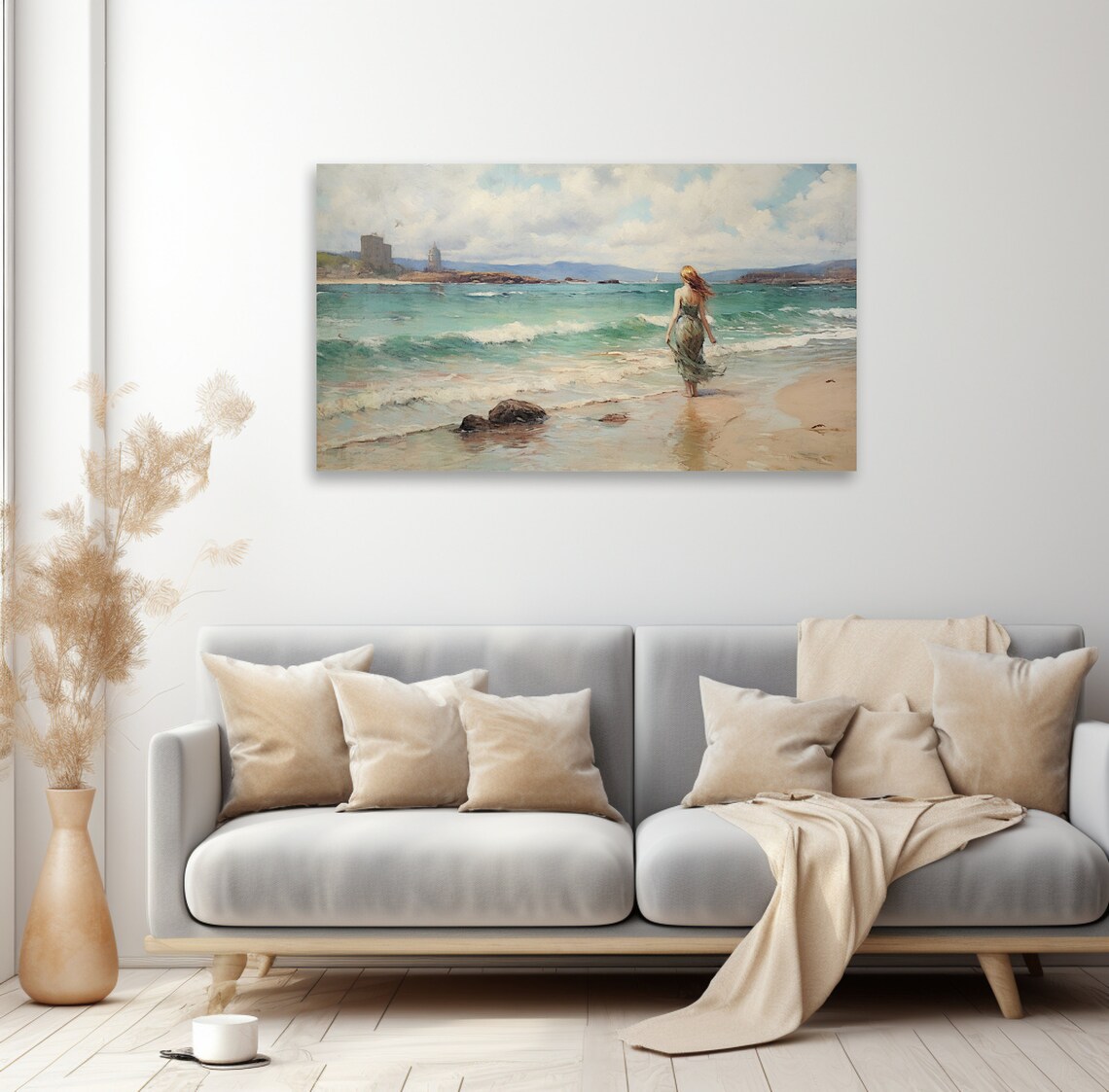 Woman Walking Into Turquoise Sea Coastal Castle Seascape Art Poster - Image 2