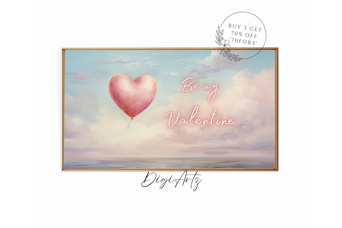 Be My Valentine Pink Heart Balloon Pastel Clouds Painting Poster