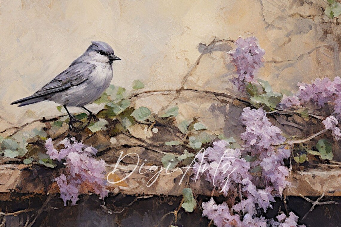 Small Gray Bird on Lilac Branch Vintage Nature Oil Painting Poster - Image 6