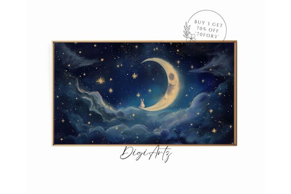 Bunny On Crescent Moon Starry Night Clouds Whimsical Painting Poster