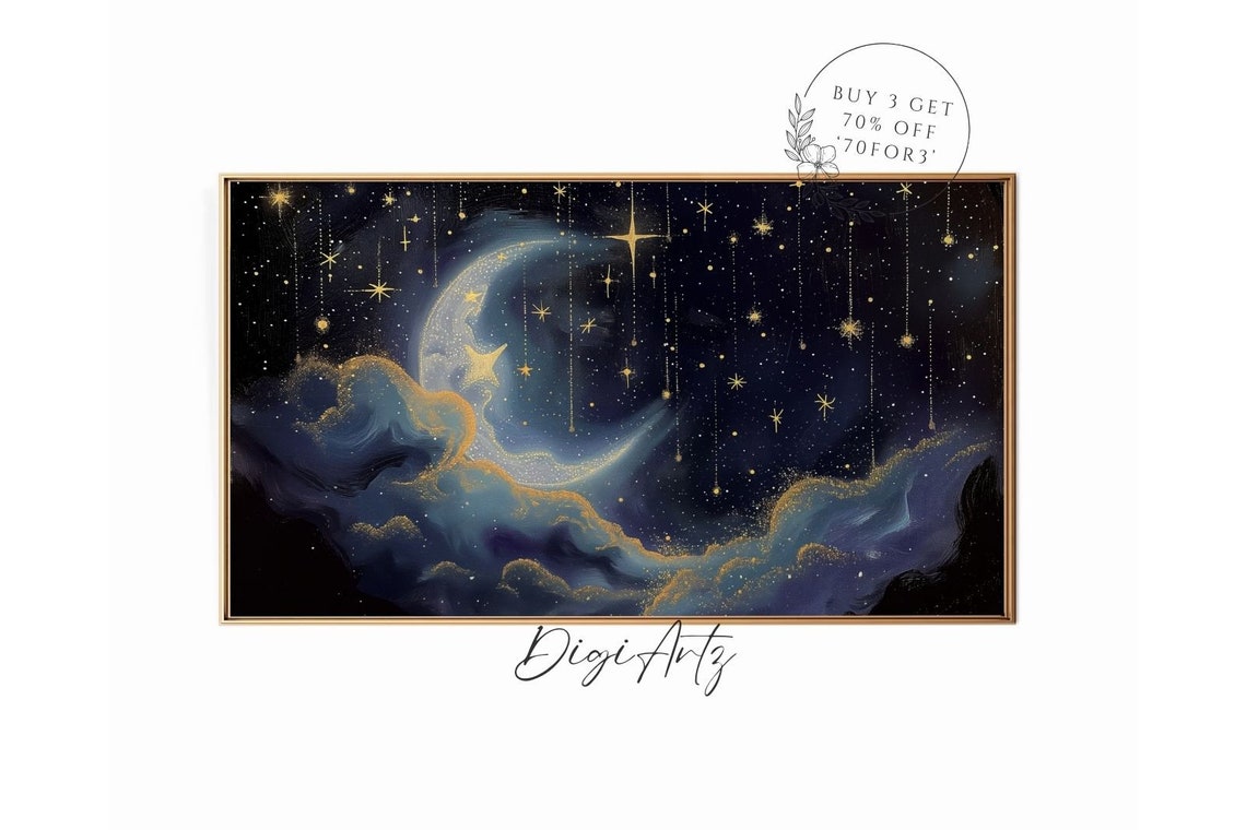 Crescent Moon Hanging Gold Stars Celestial Night Sky Painting Poster