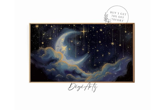 Crescent Moon Hanging Gold Stars Celestial Night Sky Painting Poster