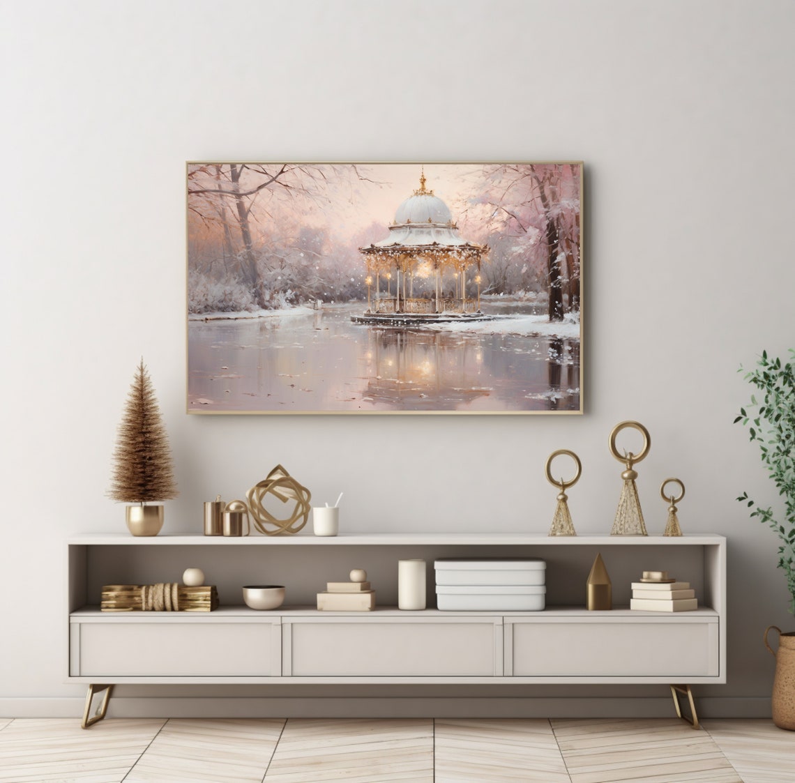 Snowy Gazebo Frozen Lake Sunset Panoramic Romantic Winter Poster - Image 4