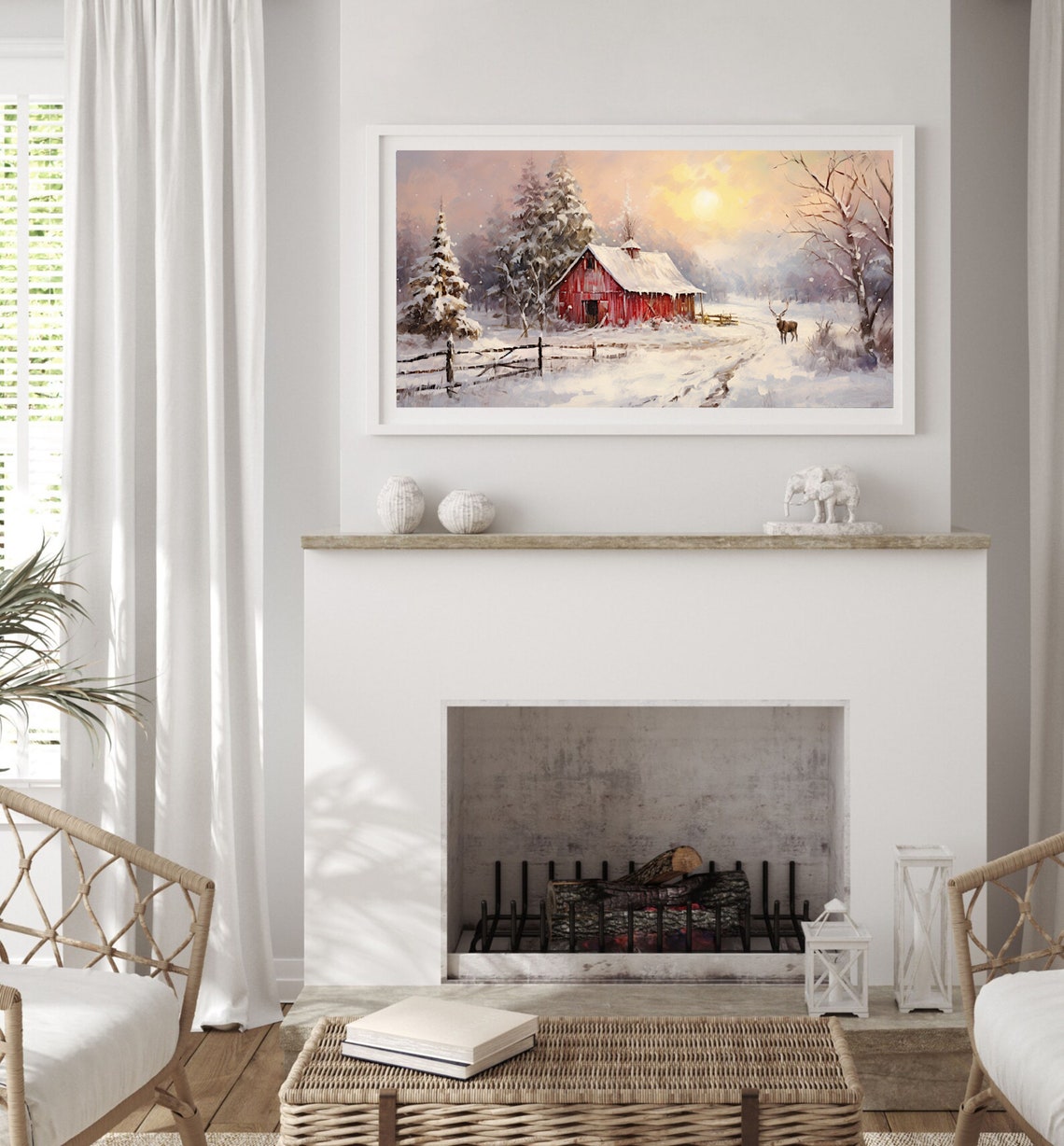 Red Barn In A Snowy Field At Sunrise With A Grazing Deer Poster - Image 4