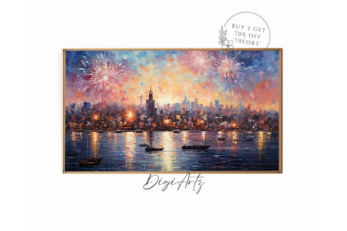 New Year Eve Fireworks Over City Skyline Celebration Painting Poster