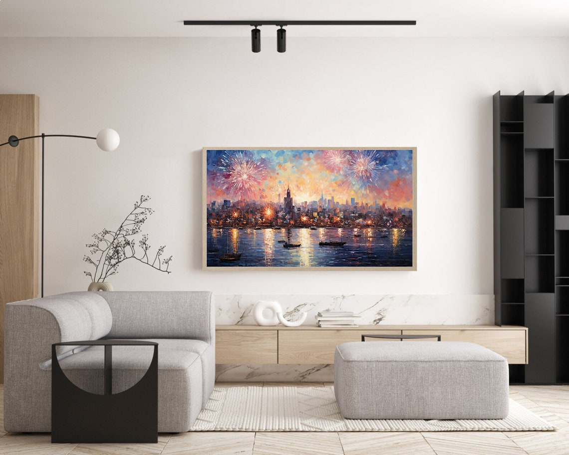 New Year Eve Fireworks Over City Skyline Celebration Painting Poster - Image 4
