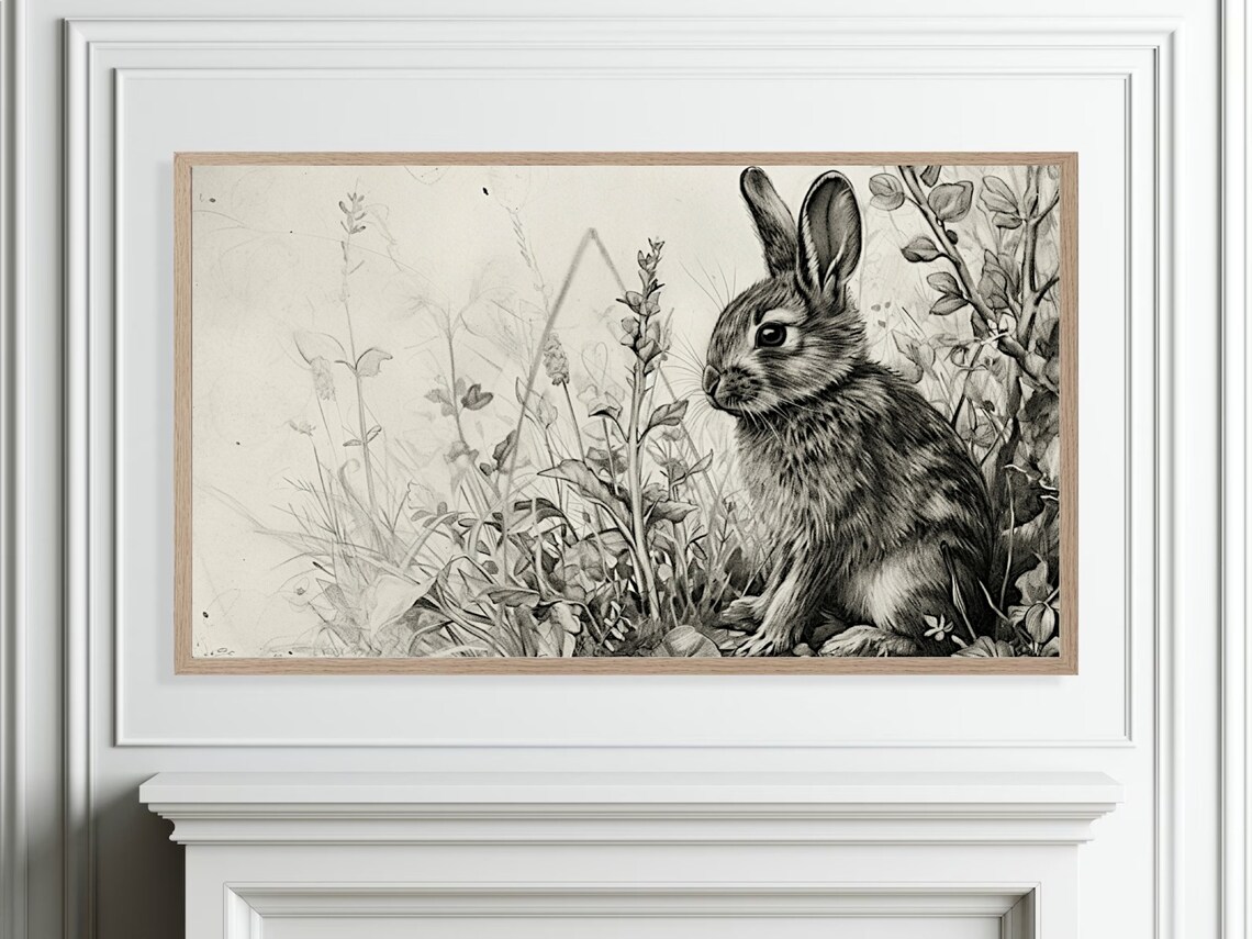 Vintage Rabbit Sketch Black and White Botanical Illustration Poster - Image 4