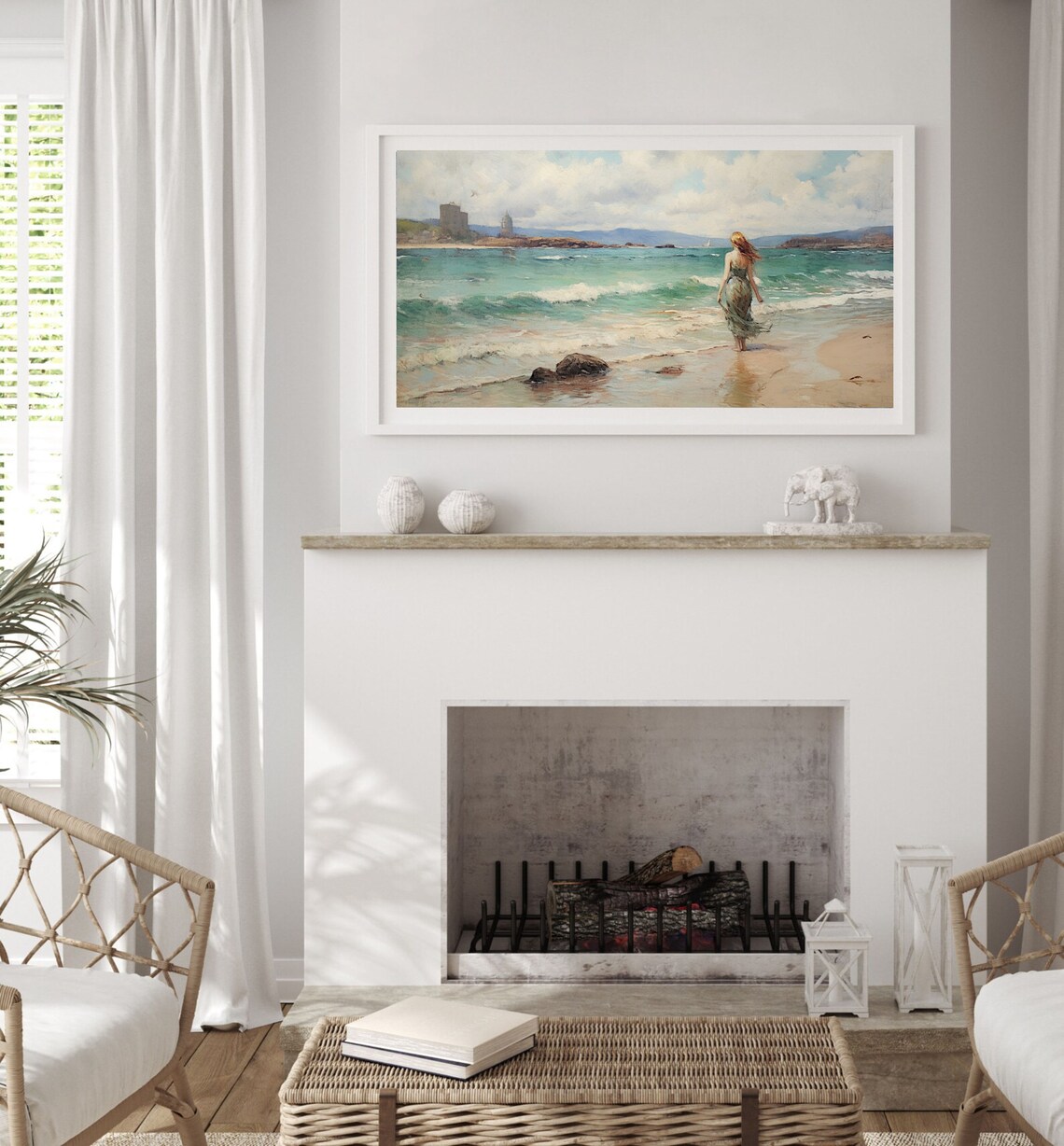 Woman Walking Into Turquoise Sea Coastal Castle Seascape Art Poster - Image 3