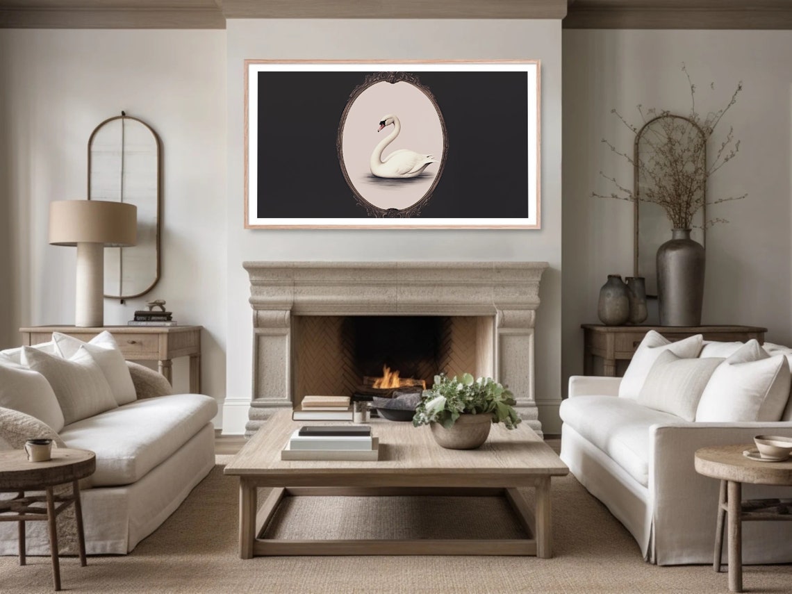 White Swan In Oval Frame On Black Background Minimalist Poster - Image 4