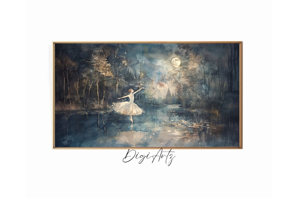 Ballerina Dancing On Moonlit Water Forest Fantasy Watercolor Poster - Image 6