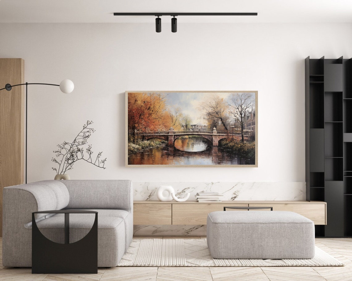 Autumn Stone Bridge Over River Orange Trees Vintage Landscape Poster - Image 5