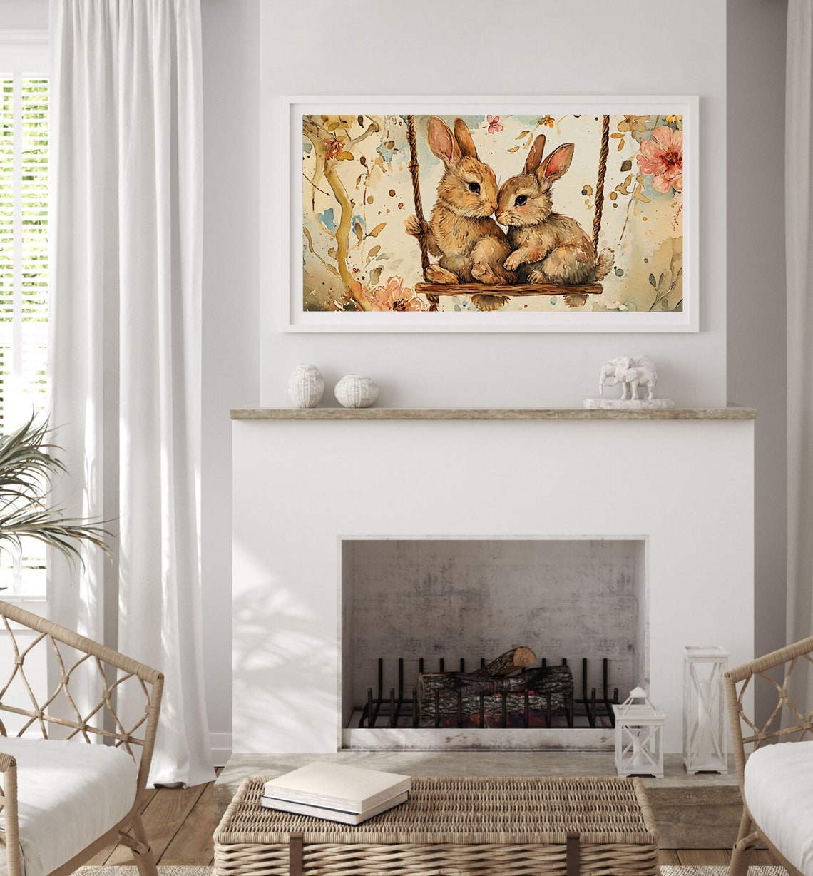 Two Baby Bunnies Cuddling on Swing Watercolor Rabbit Art Poster - Image 3