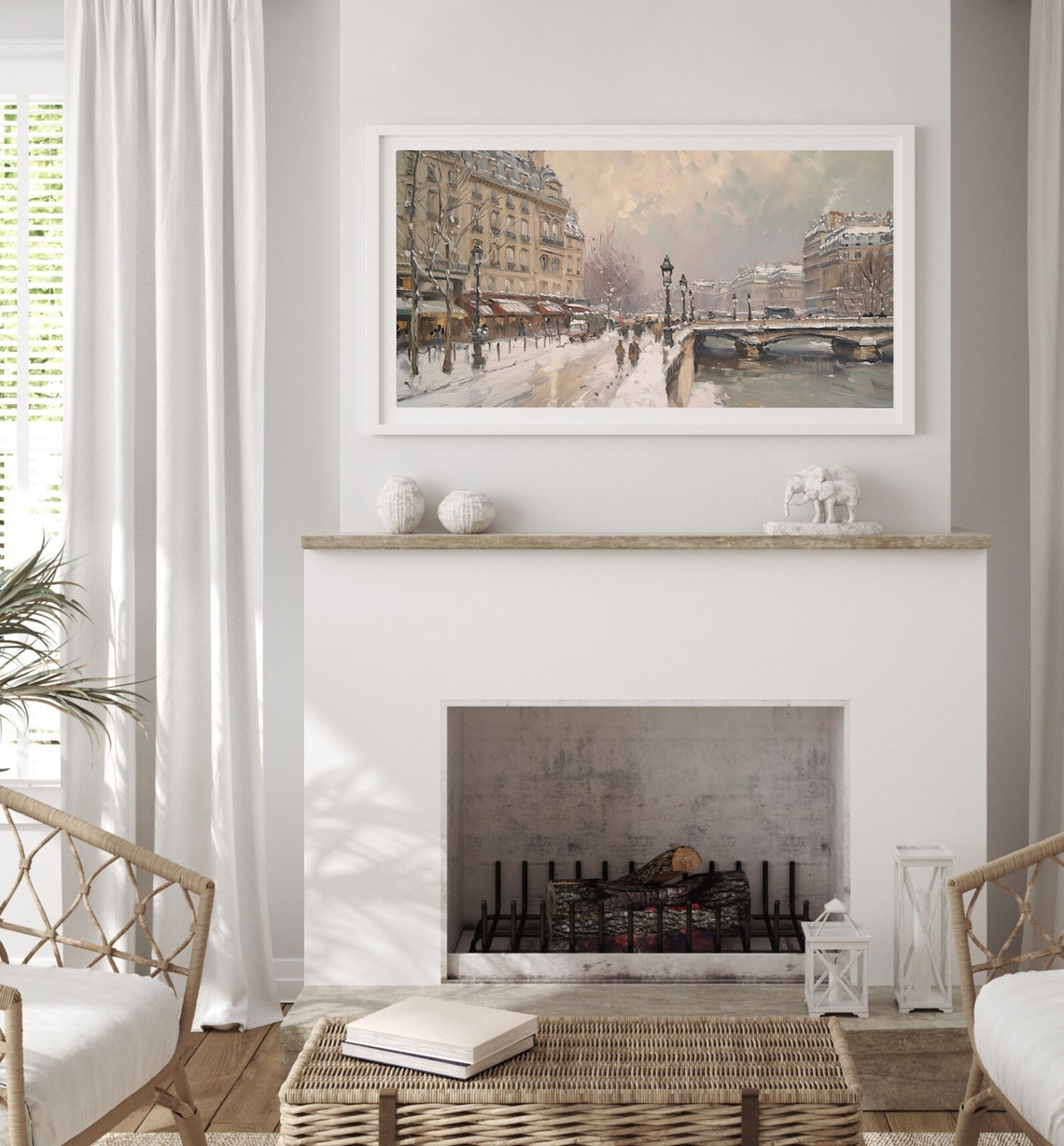 Snowy Paris Street Seine River Bridge Winter Impressionist Poster - Image 2