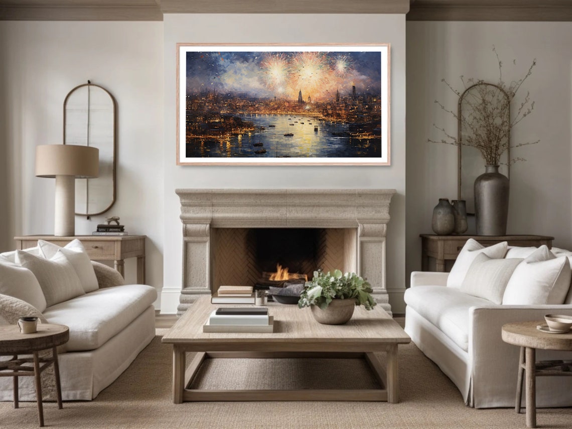 City Fireworks Celebration Night Sky Harbor Lights Painting Poster - Image 2