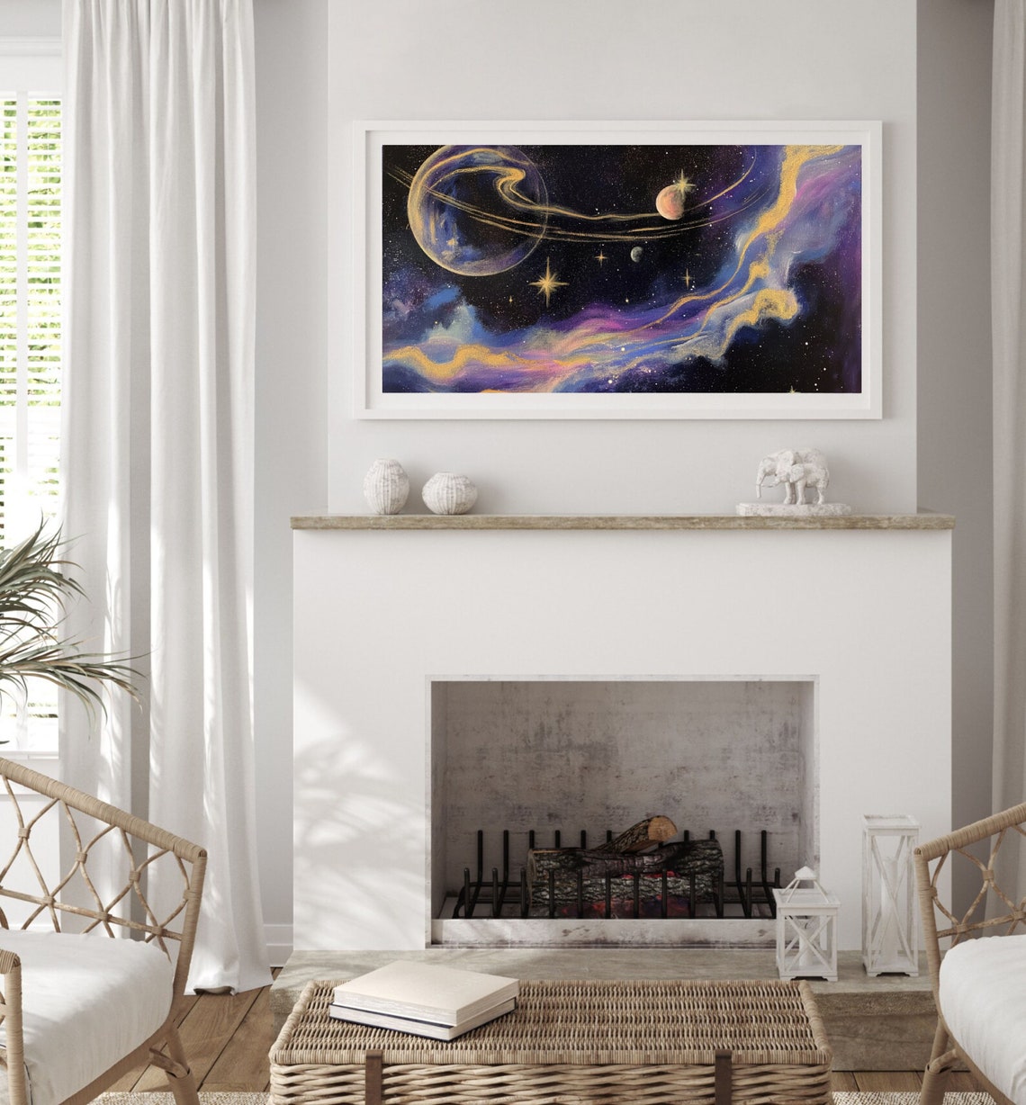 Ringed Planet Purple Gold Nebula Cosmic Space Oil Painting Poster - Image 2