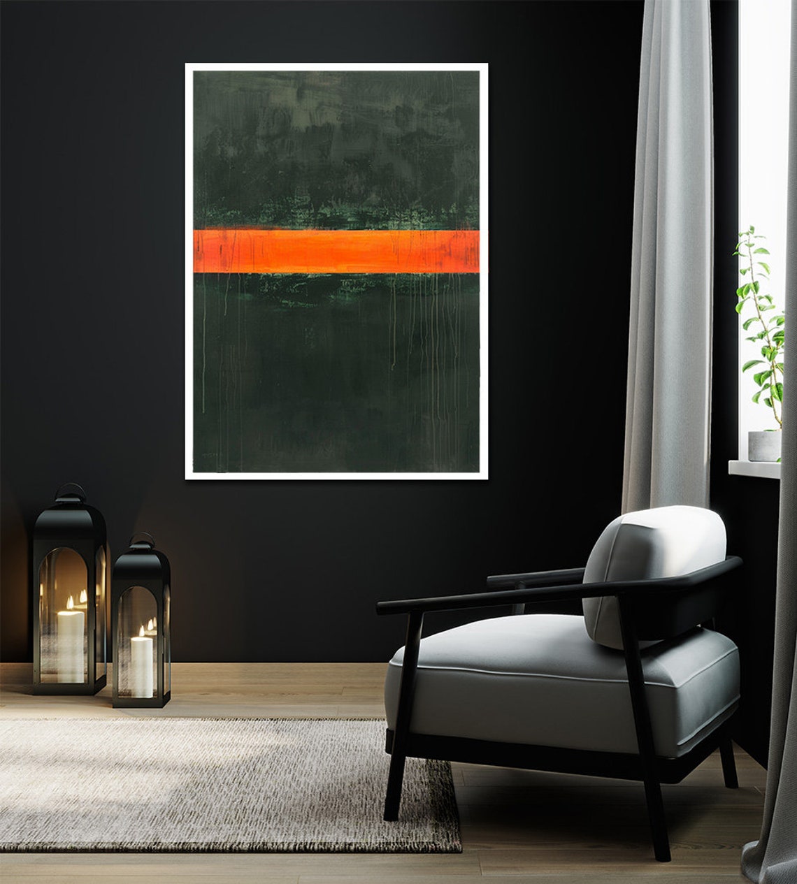 Dark Green Orange Stripe Abstract Color Field Rothko Style Poster - Image 2