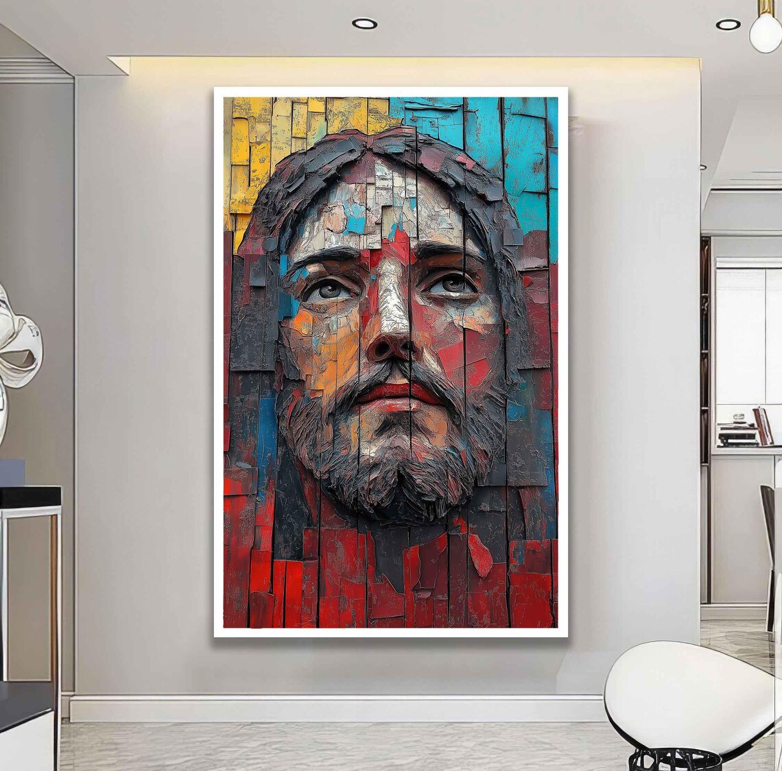 Jesus Christ Face Colorful Mosaic Relief Portrait Golden Halo Art Print - Image 2