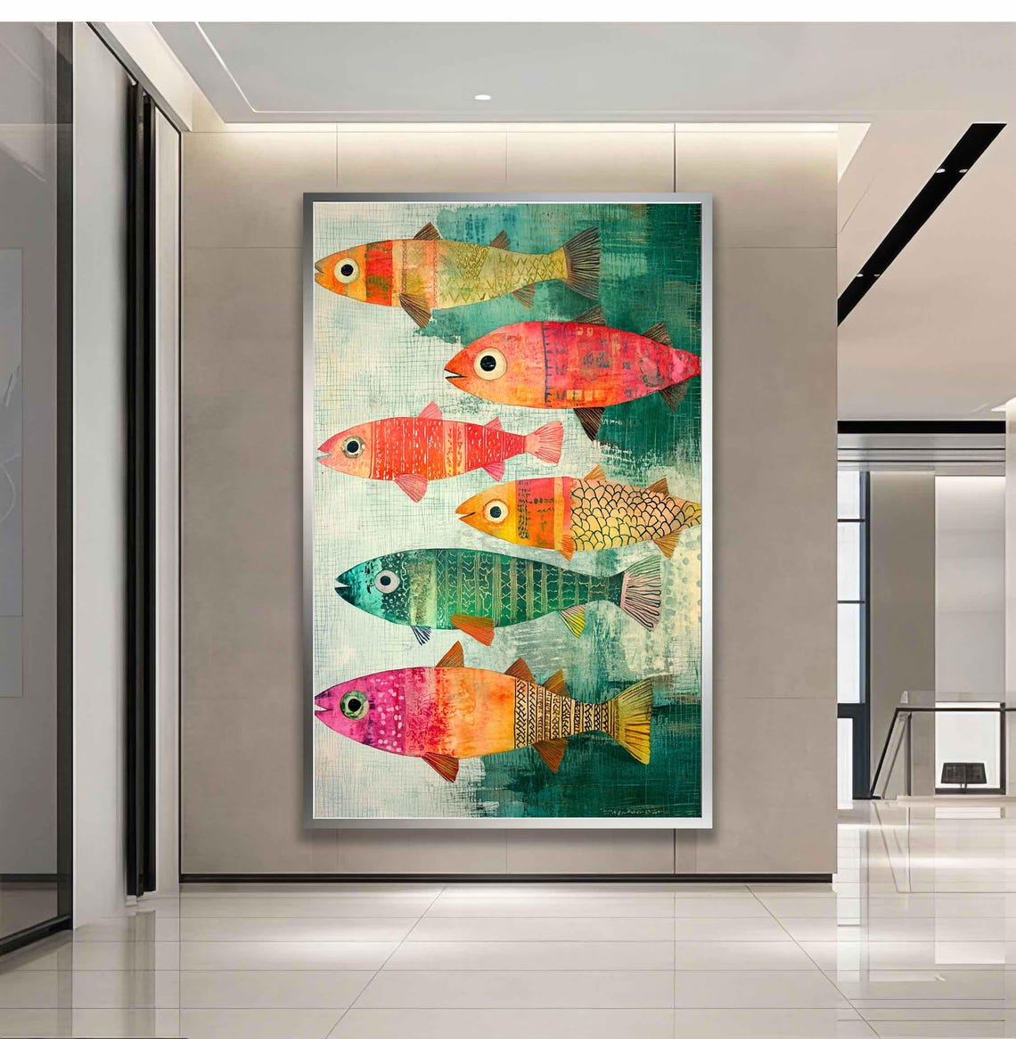 Six Colorful Patterned Fish Pop Art Painting Teal Green Wall Art - Image 3