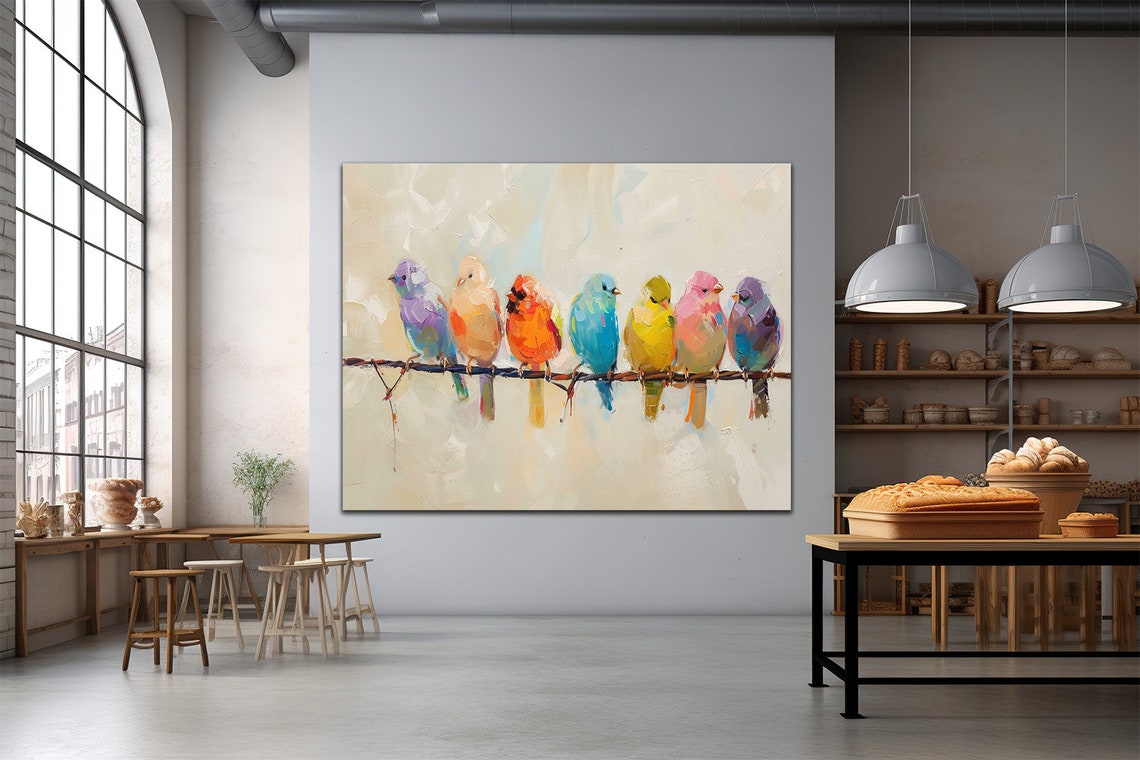 Seven Colorful Birds Perched On Wire Whimsical Painting Wall Poster - Image 3