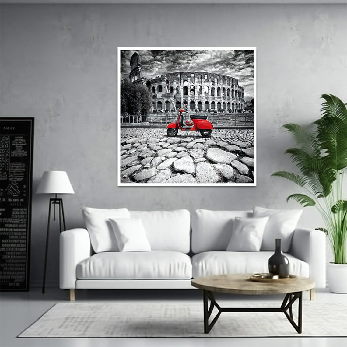 Red Vespa Scooter At Rome Colosseum Black White Color Pop Art Poster