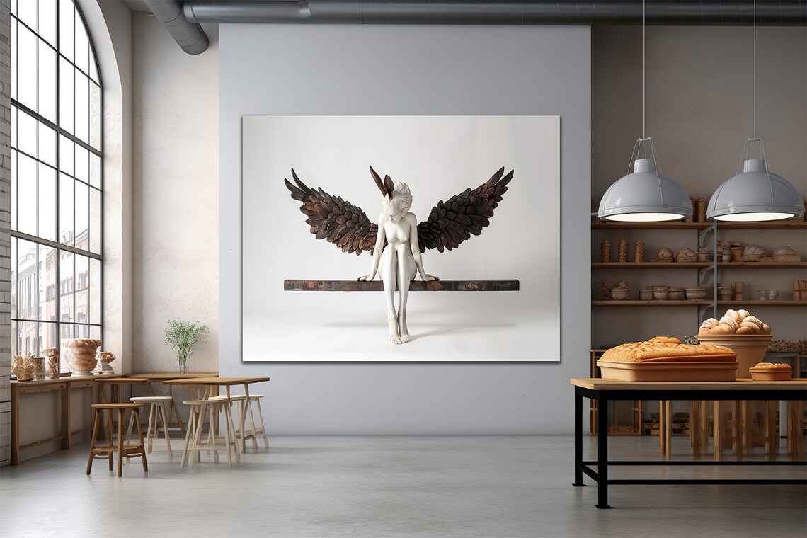 Winged Woman Sculpture with Dark Bronze Feathered Wings Sitting Art Poster - Image 2