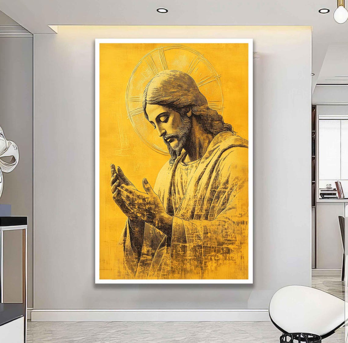 Golden Jesus Christ Portrait With Halo In Engraved Sketch Style Poster - Image 2