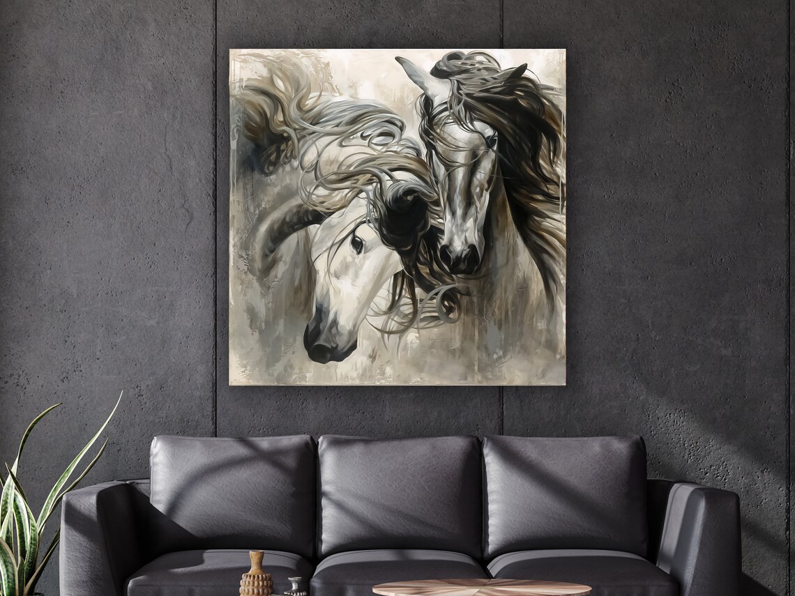 Black And White Horses Flowing Manes Abstract Equestrian Art Poster - Image 3