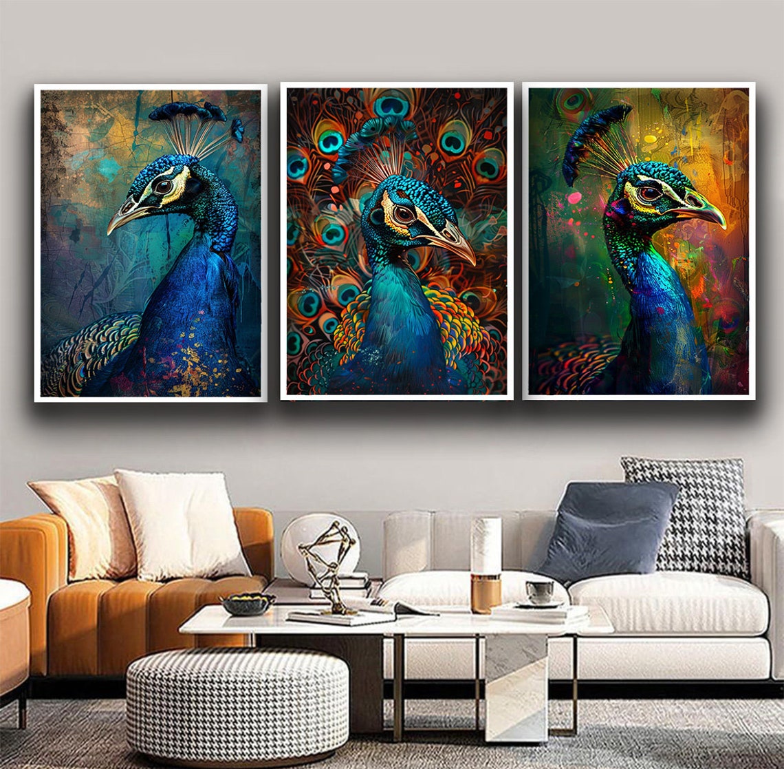 Three Panel Peacock Portrait Triptych Set Colorful Bird Wall Poster - Image 2