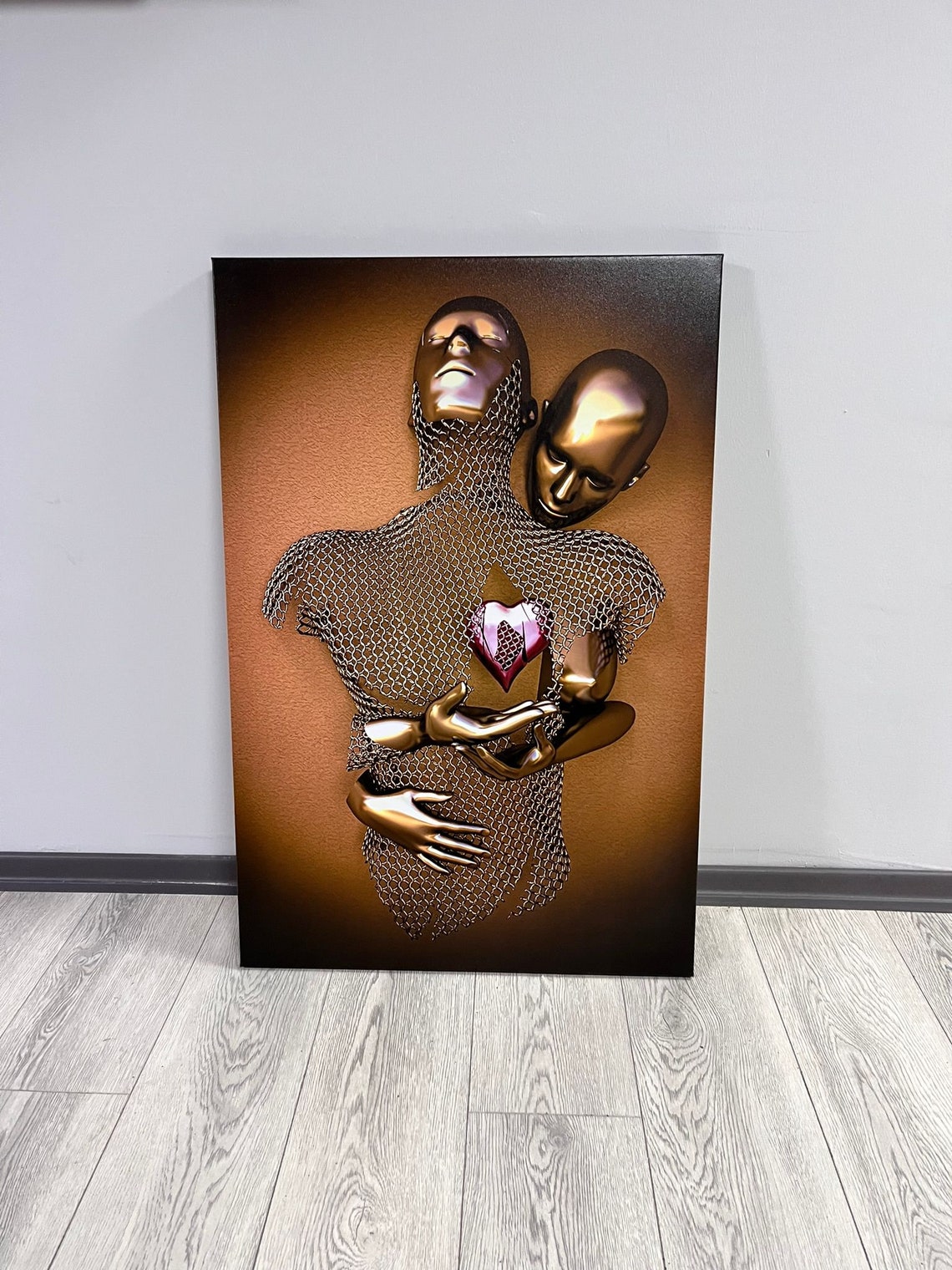 Bronze Love Couple Holding Glowing Red Heart 3D Modern Art Poster