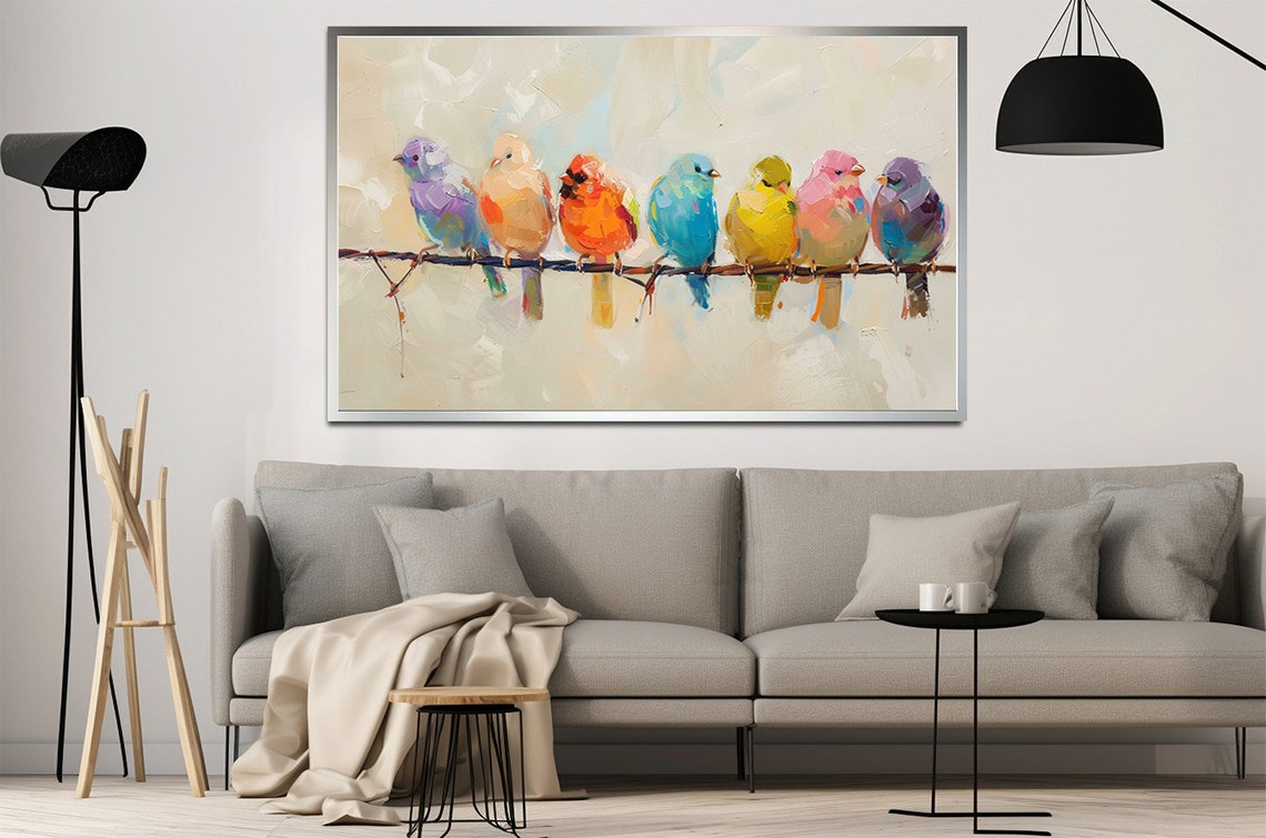 Seven Colorful Birds Perched On Wire Whimsical Painting Wall Poster - Image 2