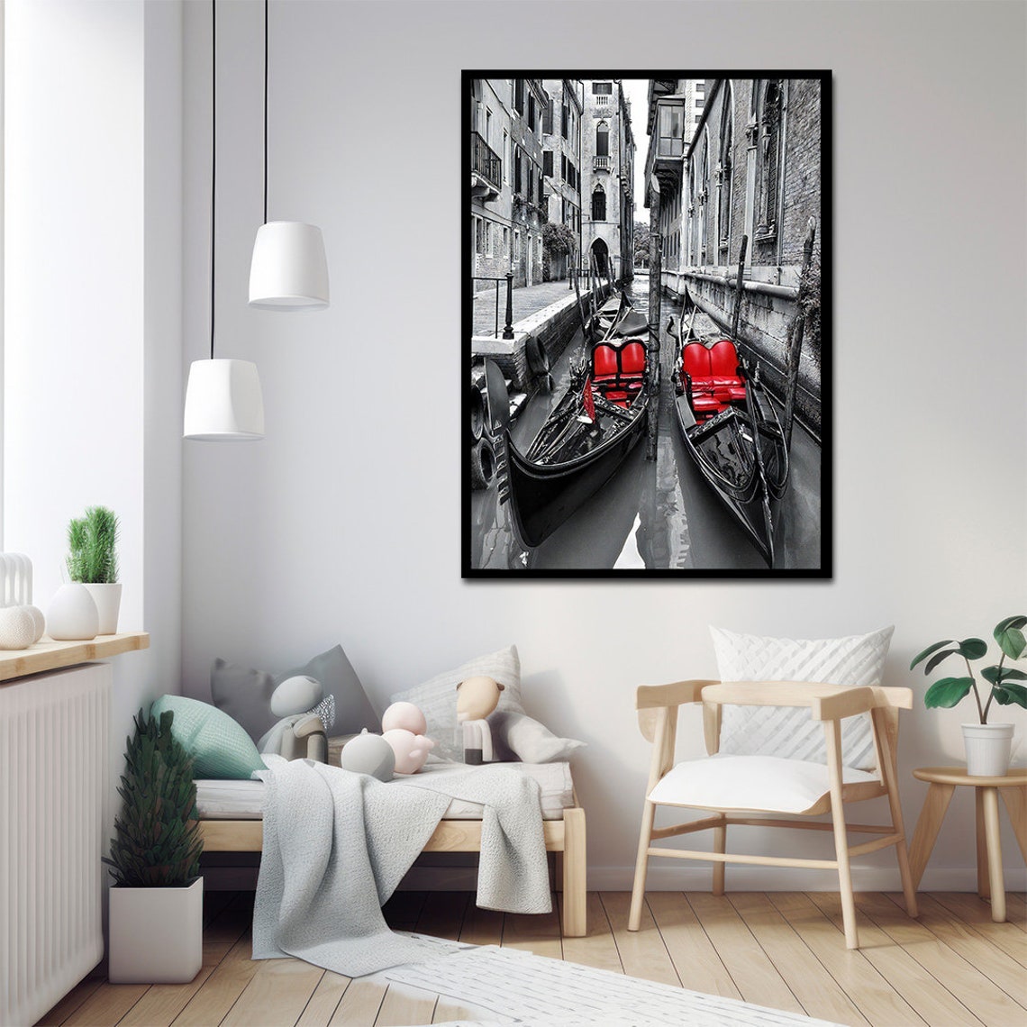 Venice Painting Printed Painting Italy Painting Venice Landscape Painting Venice Poster Boat Painting Black White Red Painting - Image 2