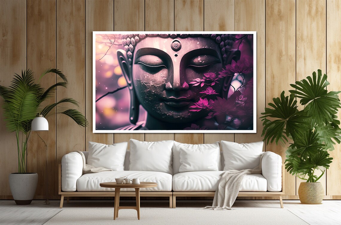 Buddha Face With Pink Blossoms Dreamy Purple Meditation Wall Art - Image 3
